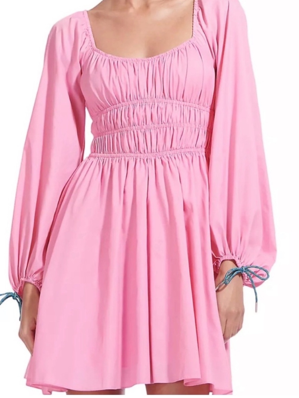 STAUD Bow Dress in pink nylon cotton smocked medium NWT